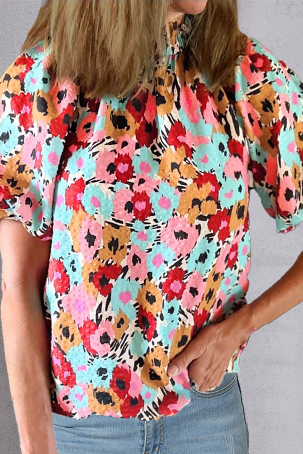 Printed Mock Neck Short Sleeve Blouse