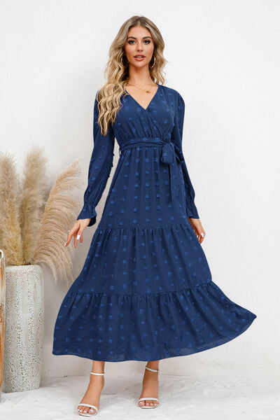 Swiss Dot Tied Surplice Flounce Sleeve Dress