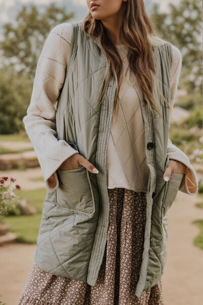 Button Up Pocketed Vest Coat  Shop One Place