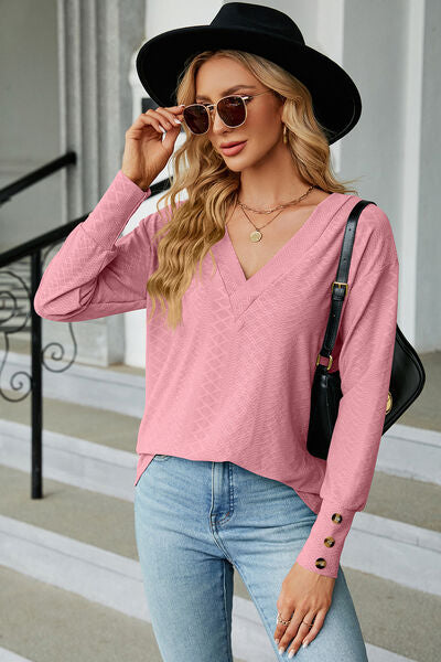 Decorative button V-Neck Lantern Sleeve T-Shirt