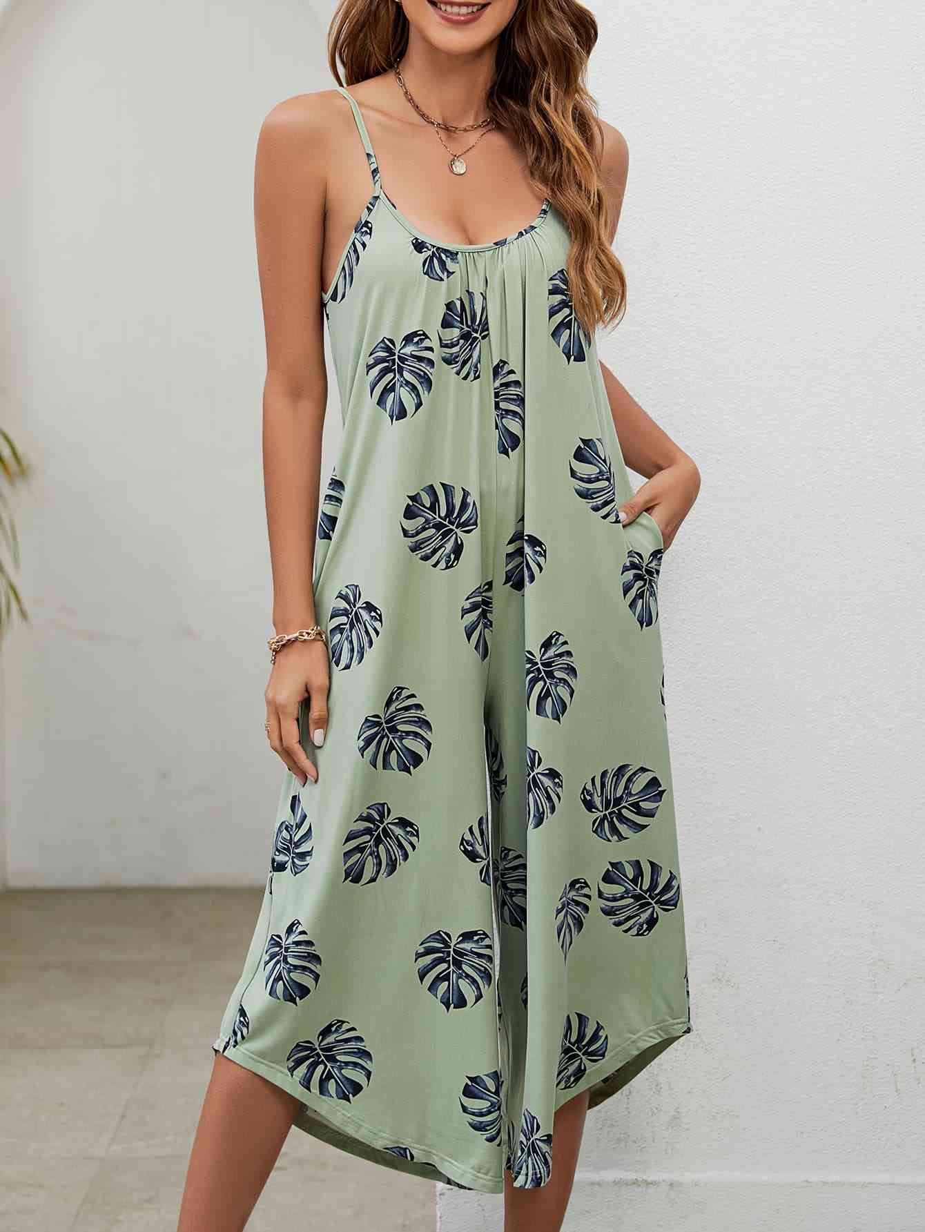 Botanical Print Spaghetti Strap Scoop Neck Jumpsuit