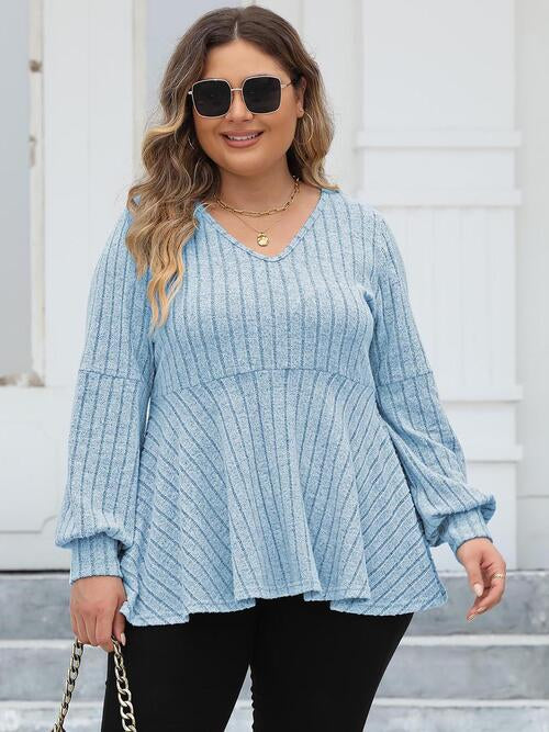 Plus Size Ribbed V-Neck Long Sleeve Blouse  Shop One Place