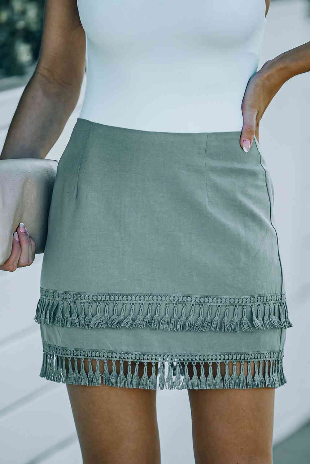 Zip-Back Tassel Hem Mini Skirt