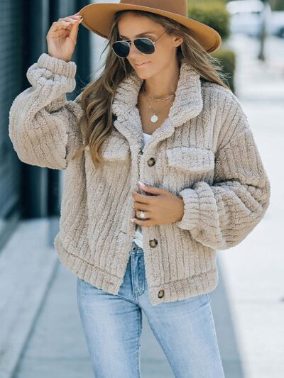 Fuzzy Button Up Collared Neck Jacket  Shop One Place