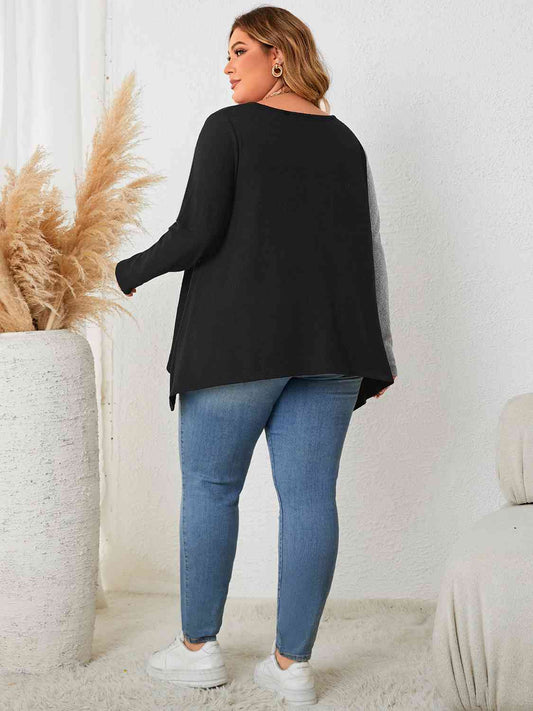 Plus Size Contrast Notched Neck T-Shirt  Shop One Place