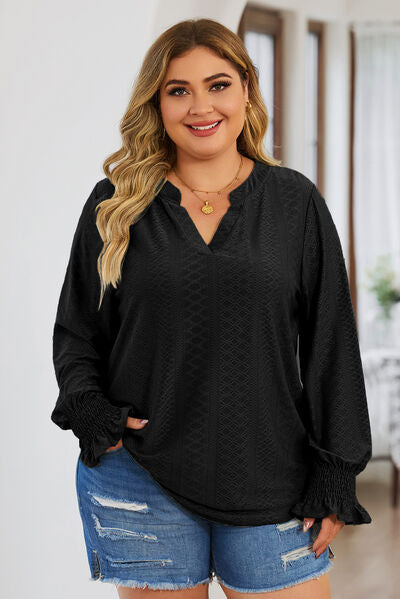 Plus Size Eyelet Notched Flounce Sleeve Blouse  Shop One Place