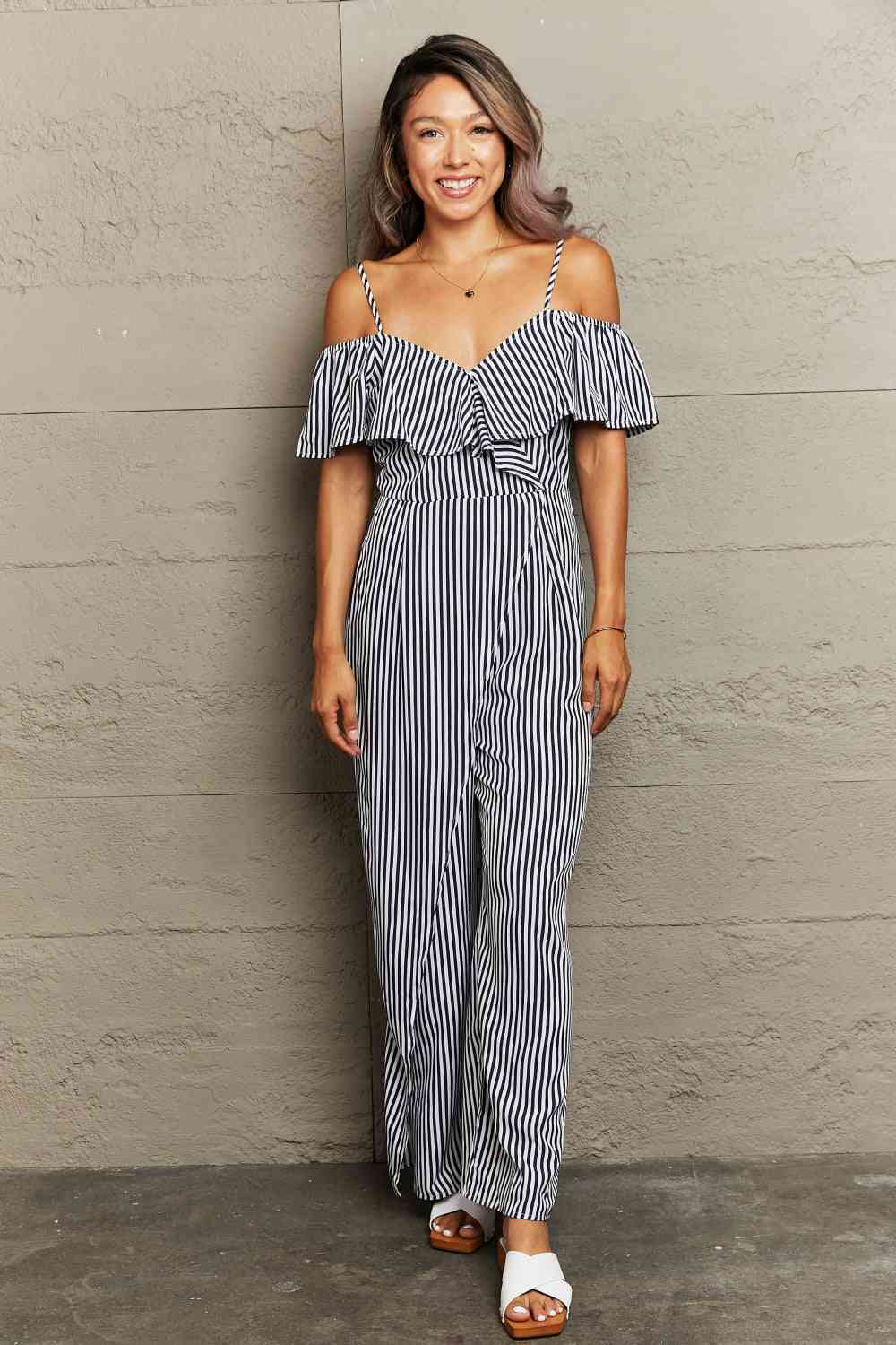 Striped Spaghetti Strap Cold-Shoulder Jumpsuit