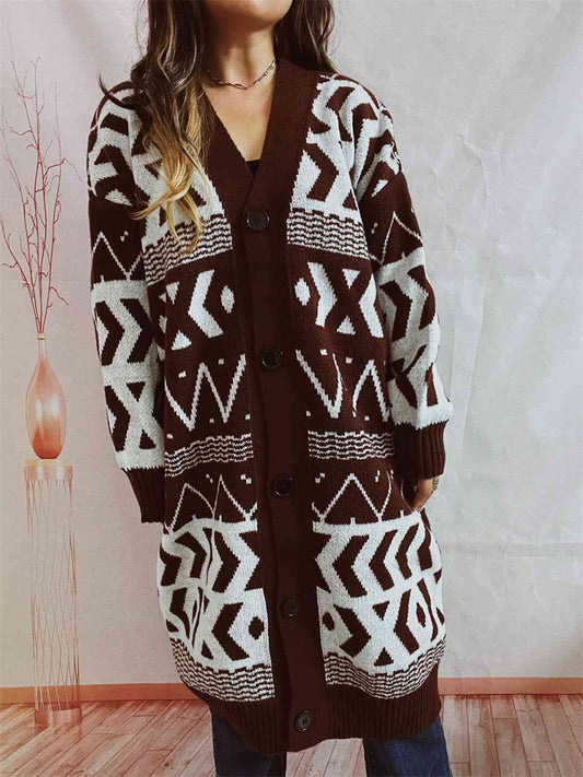 Geometric Button Front Longline Cardigan  Shop One Place