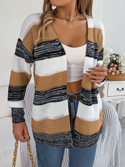 Openwork Striped Open Front Cardigan  Shop One Place