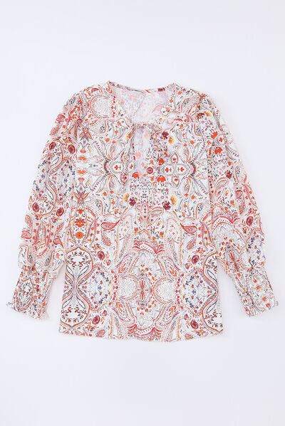 Printed Tie Neck Long Sleeve Blouse