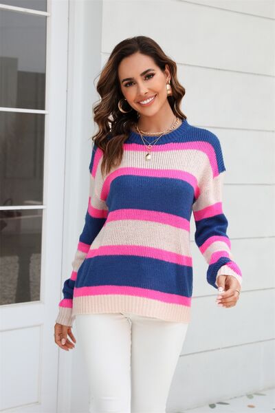 Color Block Round Neck Dropped Shoulder Sweater  Shop One Place
