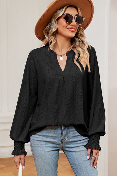 Eyelet Notched Long Sleeve T-Shirt