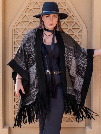 Plus Size Printed Fringe Open Front Outerwear  Shop One Place