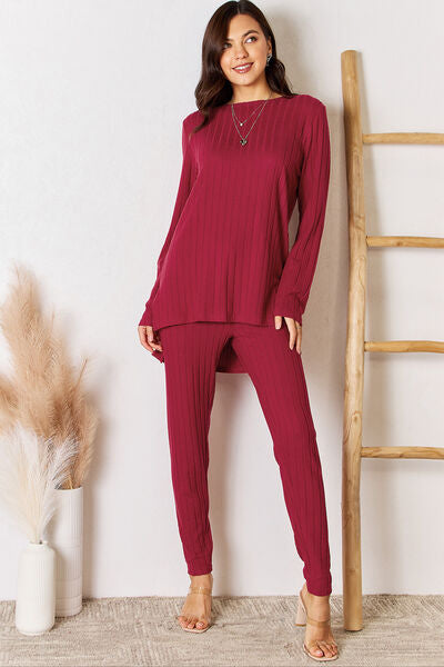 Basic Bae Full Size Ribbed Round Neck High-Low Slit Top and Pants Set  Shop One Place