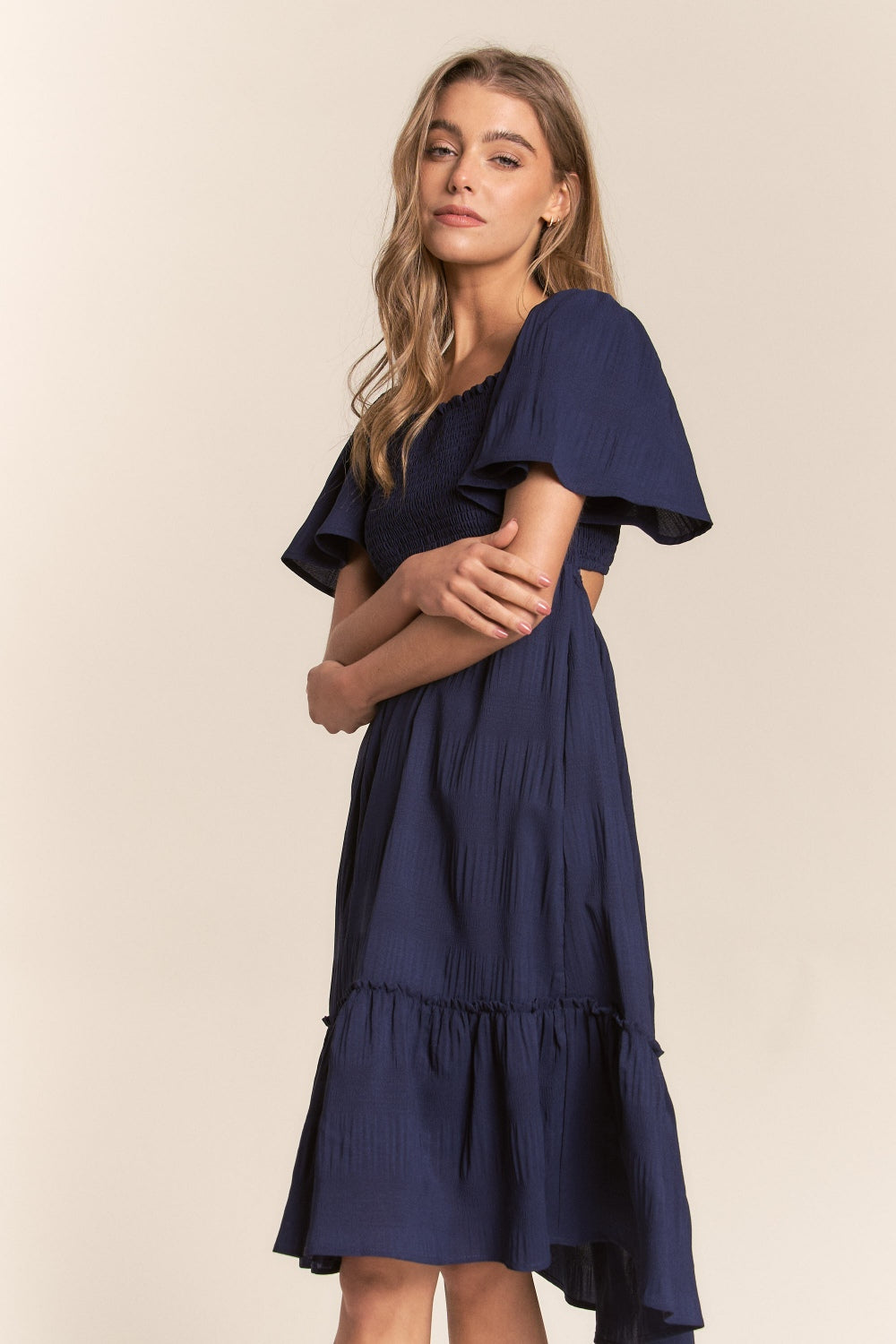 J.NNA Smocked Bow Back Ruffle Hem Dress