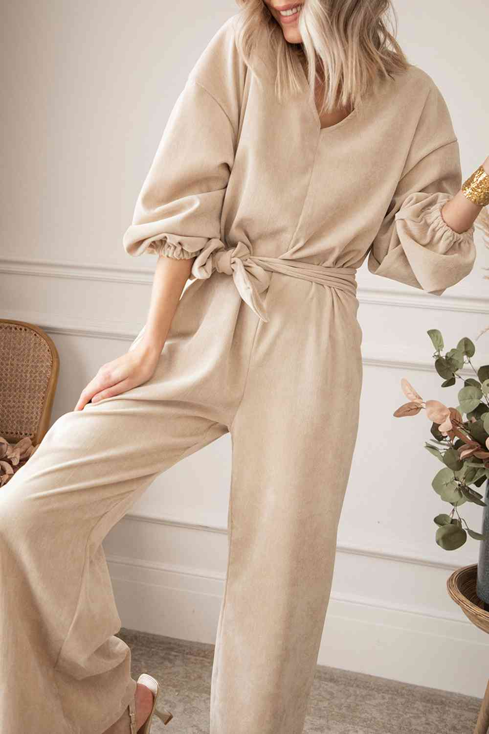 V-Neck Tie Waist Wide Leg Jumpsuit