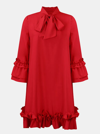 Frill Tie Neck Three-Quarter Sleeve Dress