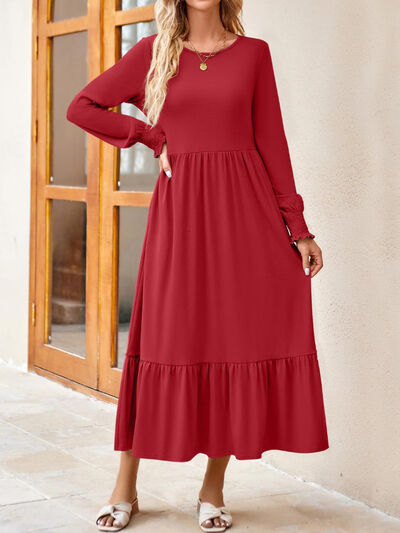 Round Neck Lantern Sleeve Ruffle Hem Dress