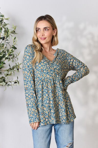 Heimish Full Size Floral Half Button Long Sleeve Blouse  Shop One Place