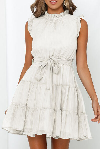 Frill Tied Round Neck Sleeveless Tiered Dress