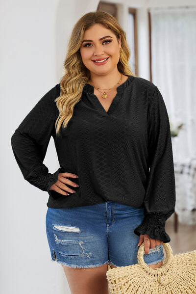 Plus Size Eyelet Notched Flounce Sleeve Blouse  Shop One Place