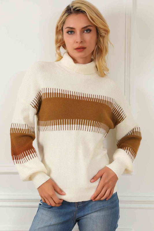 Contrast Turtleneck Long Sleeve Sweater  Shop One Place