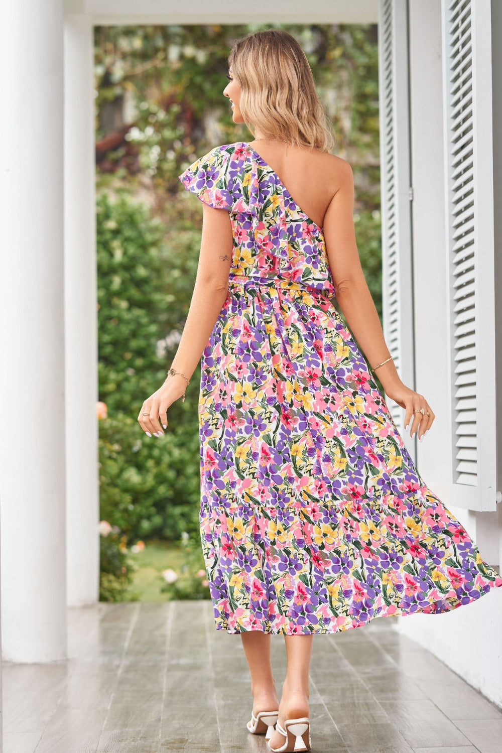 Ruffled Floral One Shoulder Dress