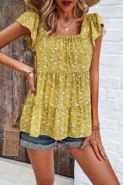 Printed Square Neck Cap Sleeve Blouse  Shop One Place