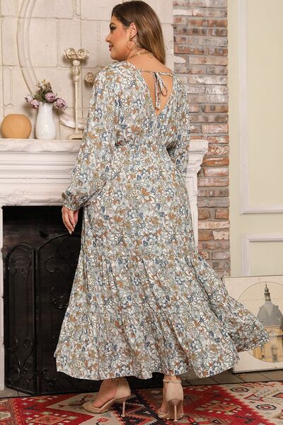 Plus Size Printed Balloon Sleeve Ruffle Hem Dress  Shop One Place