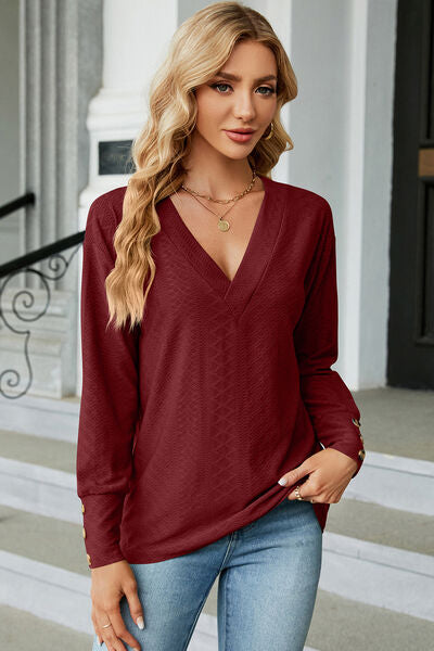 Decorative button V-Neck Lantern Sleeve T-Shirt