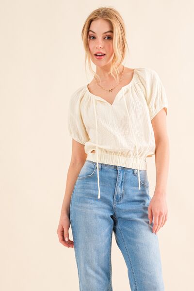 And The Why Cotton Gauze Back Waist Tie Cropped Blouse