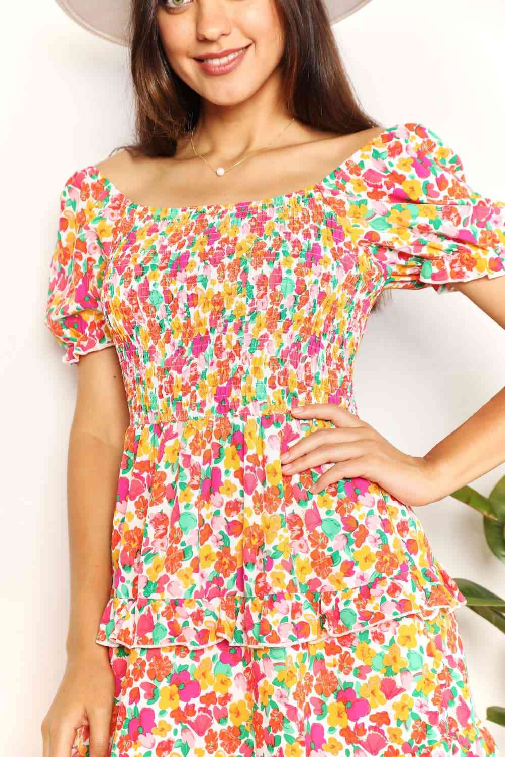 Double Take Smocked Sweetheart Neck Flounce Sleeve Mini Dress