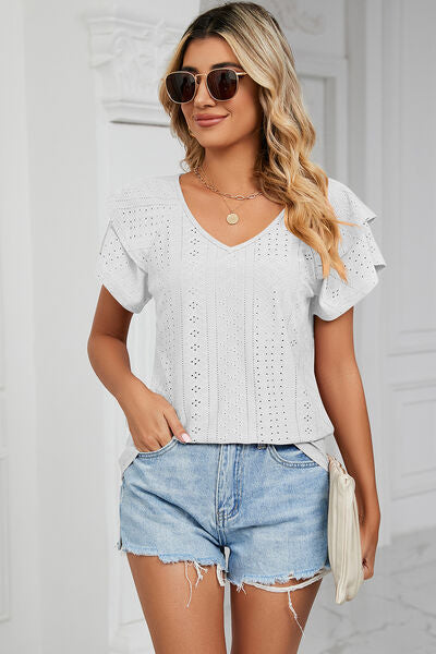 Eyelet V-Neck Short Sleeve T-Shirt