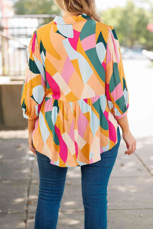 Plus Size Printed Collared Neck Half Button Top  Shop One Place