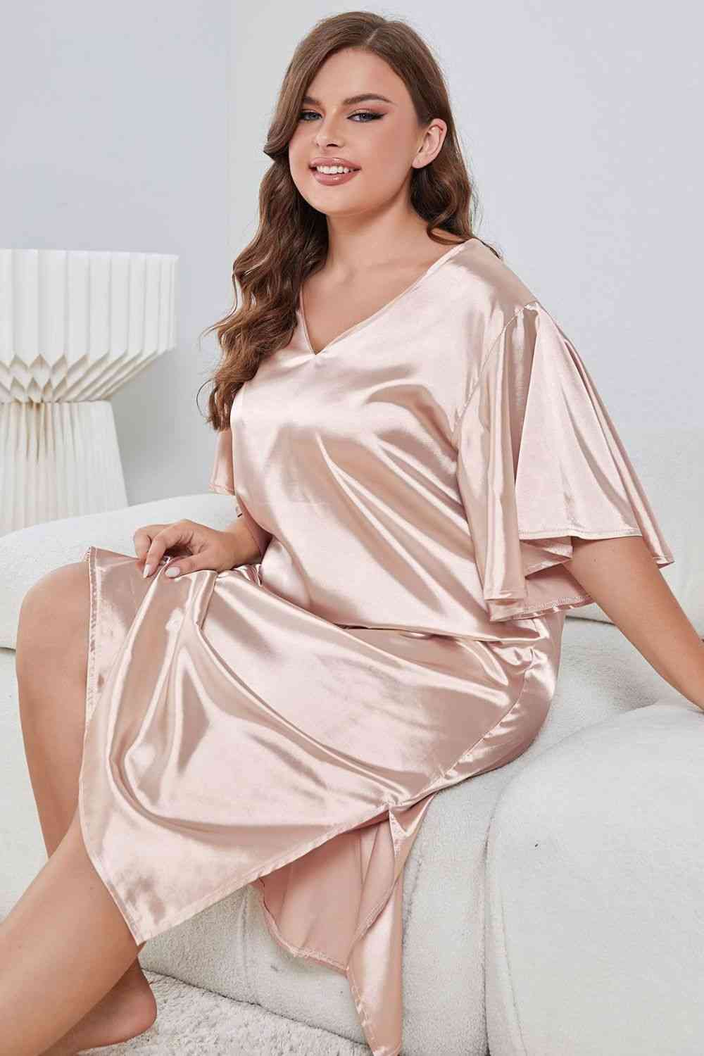 Plus Size Flutter Sleeve V-Neck Side Slit Night Gown