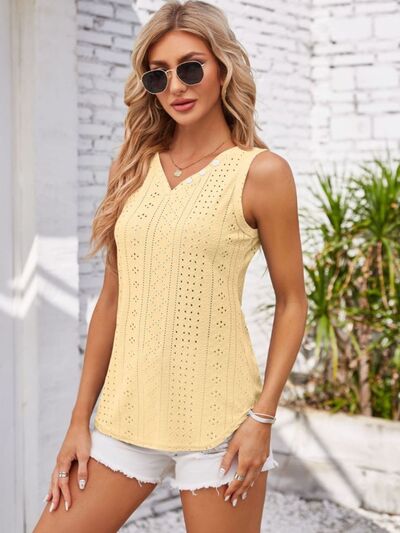 Eyelet Decorative Button V-Neck Tank