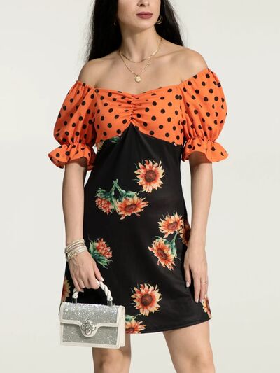 Ruched Polka Dot Flounce Sleeve Dress