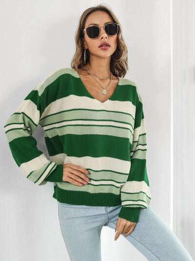 Striped V-Neck Dropped Shoulder Sweater