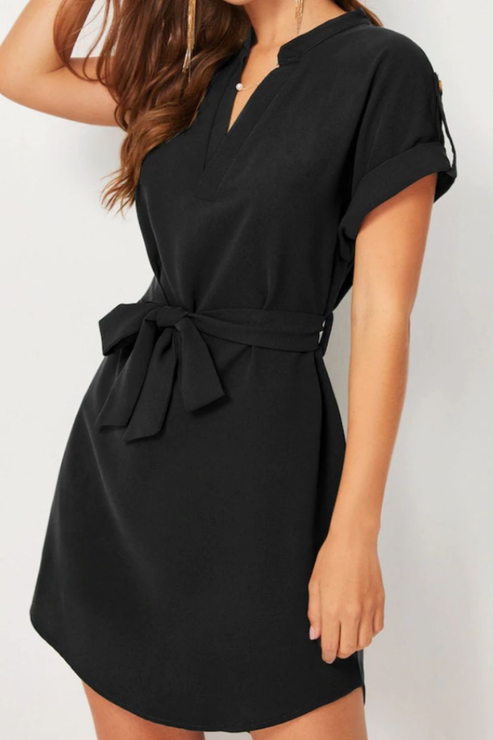 D&Y Tied Notched Short Sleeve Dress