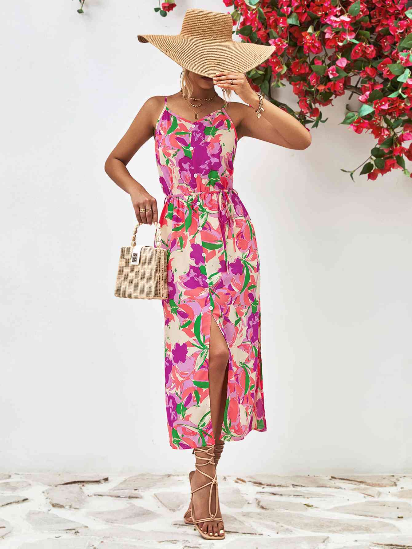 Printed Spaghetti Strap Front Slit Dress