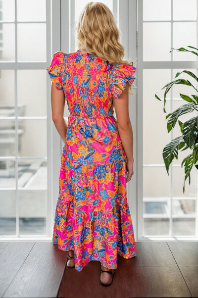 Printed V-Neck Cap Sleeve Pocketed Midi Dress  Shop One Place