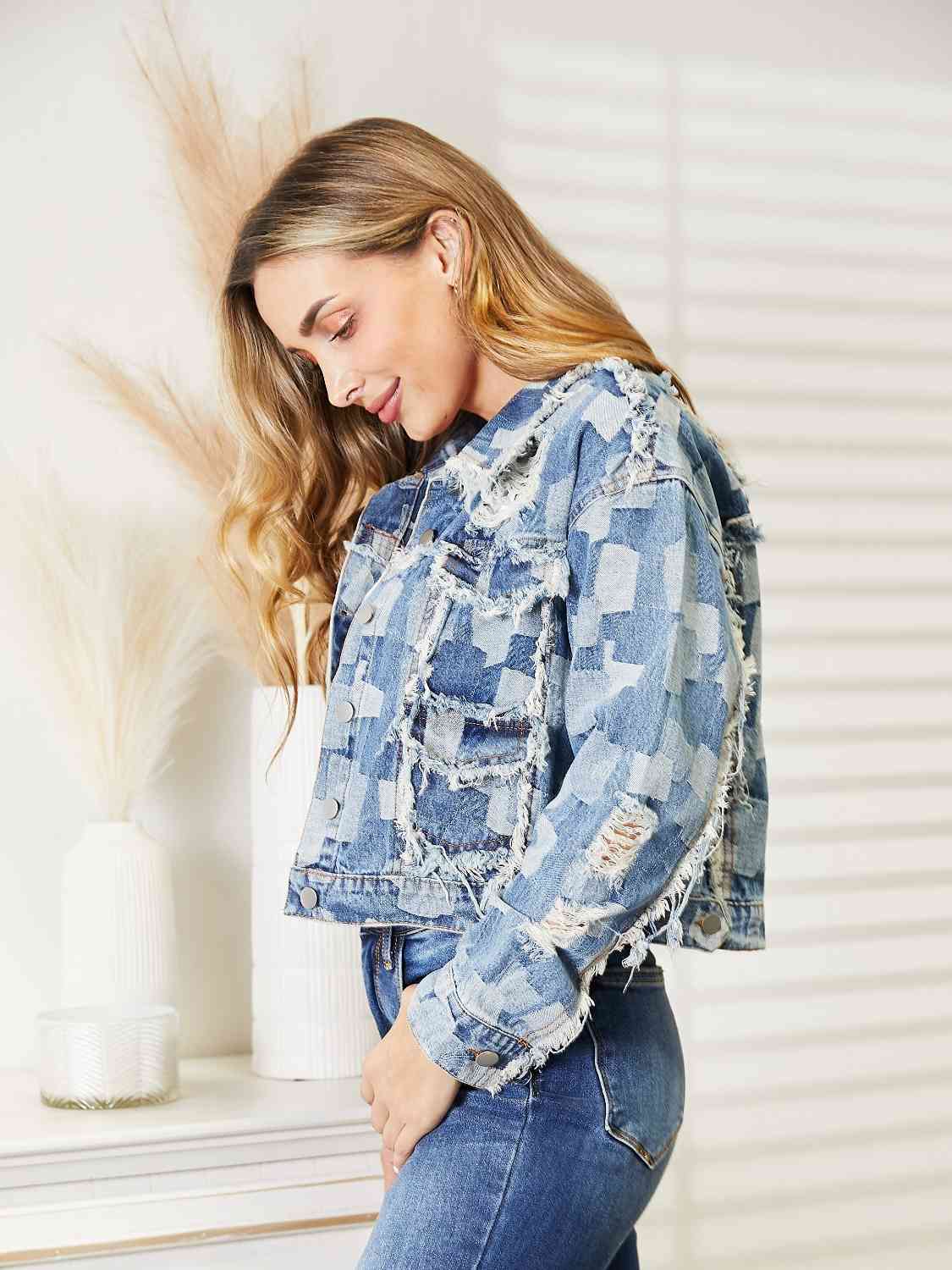 Plaid Raw Hem Dropped Shoulder Denim Jacket