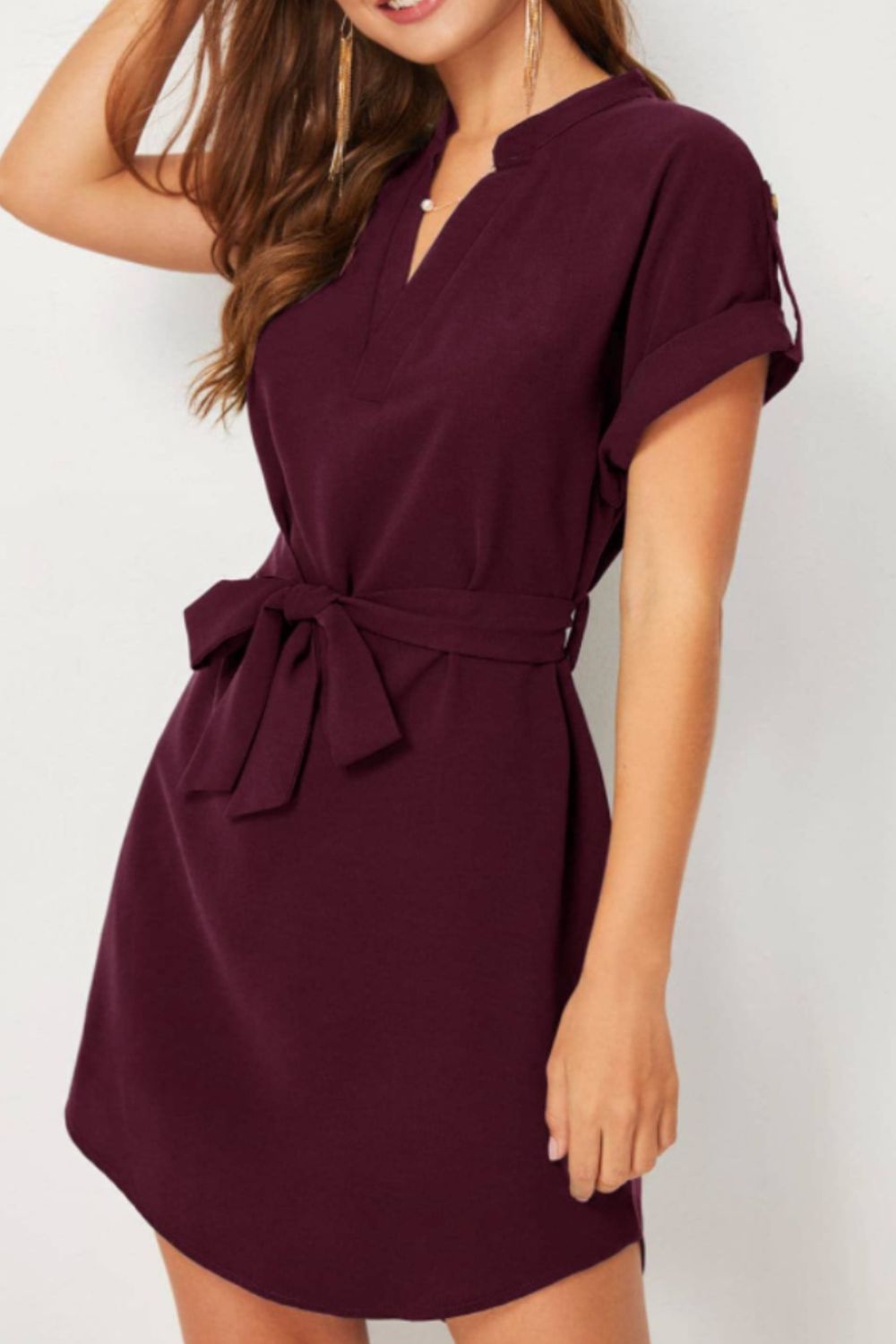 D&Y Tied Notched Short Sleeve Dress