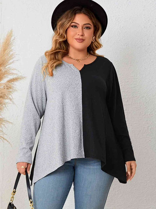 Plus Size Contrast Notched Neck T-Shirt  Shop One Place