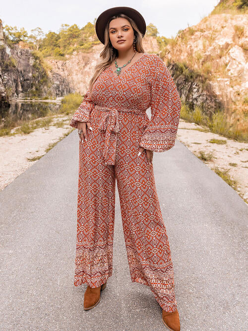 Plus Size Printed V-Neck Tie Front Balloon Sleeve Jumpsuit  Shop One Place