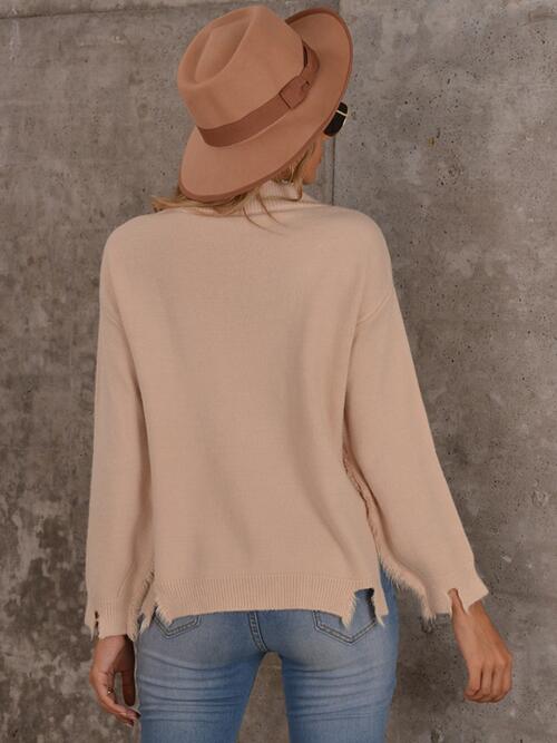 Raw Hem V-Neck Long Sleeve Knit Top