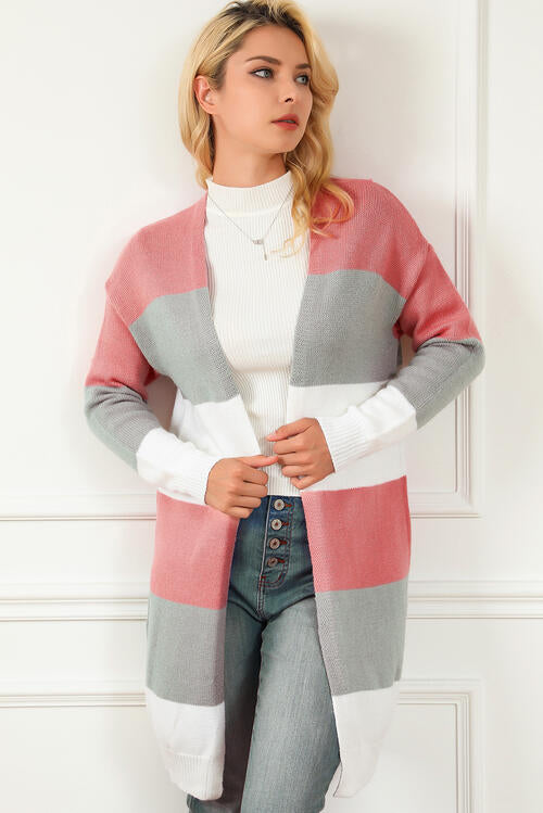 Striped Open Front Long Sleeve Cardigan  Shop One Place