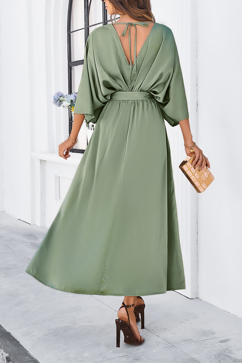 Slit Tied V-Neck Three-Quarter Sleeve Dress