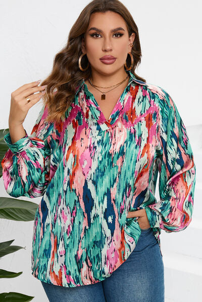 Plus Size Printed Johnny Collar Long Sleeve Blouse  Shop One Place
