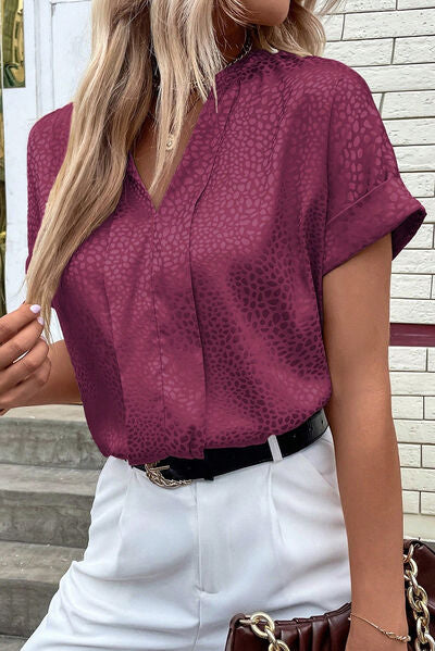 Notched Short Sleeve Blouse